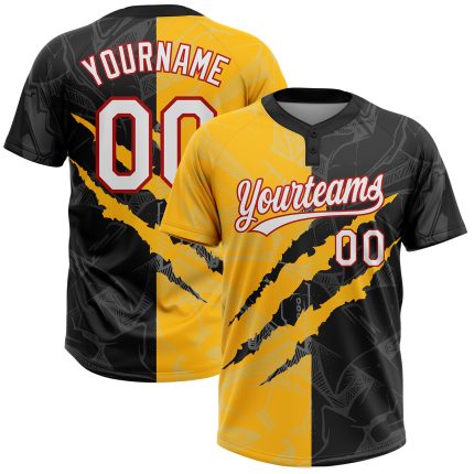Custom Name Number 3D Graffiti Pattern Black Gold-Red Unisex Softball Jersey Two-Button Personalized Team Sports Apparel