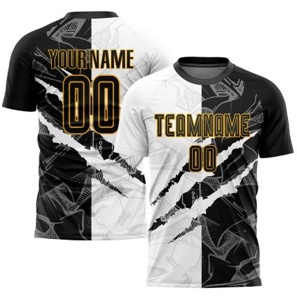 Custom Black-Gold Graffiti Pattern Soccer Jersey with Personalized Name and Number - Sublimation Team Uniform Personalized