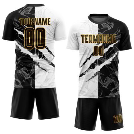 Custom Black-Gold Graffiti Pattern Soccer Jersey with Personalized Name and Number - Sublimation Team Uniform Personalized