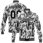 Custom Name & Number Graffiti Pattern Bomber Jacket with Female Faces & Lips - Black-Gray Grunge Art Varsity Letterman Style