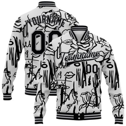 Custom Name & Number Graffiti Pattern Bomber Jacket with Female Faces & Lips - Black-Gray Grunge Art Varsity Letterman Style