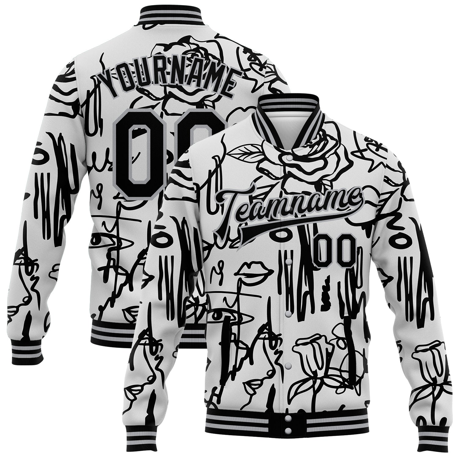 Custom Name & Number Graffiti Pattern Bomber Jacket with Female Faces & Lips - Black-Gray Grunge Art Varsity Letterman Style
