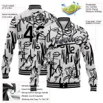 Custom Name & Number Graffiti Pattern Bomber Jacket with Female Faces & Lips - Black-Gray Grunge Art Varsity Letterman Style