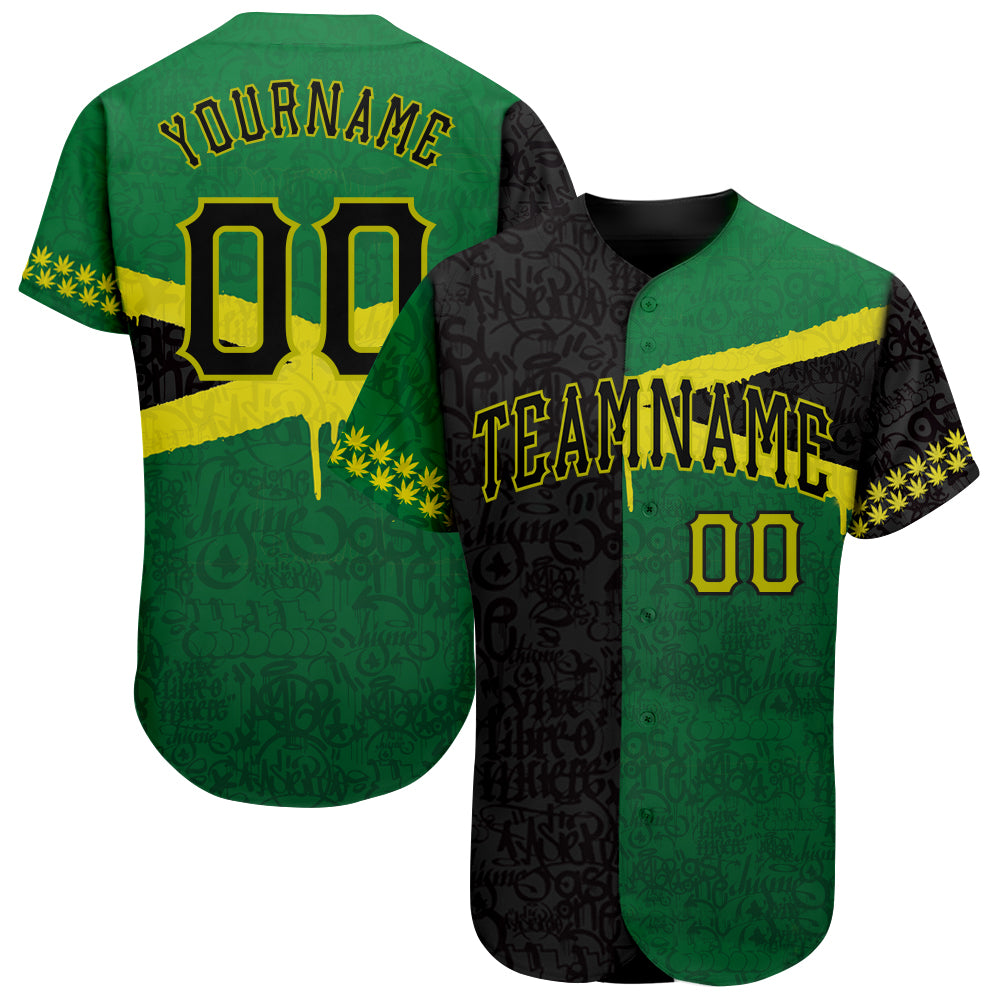 Personalized Black-Green 3D Graffiti Pattern Jamaica Baseball Jersey Custom Name & Number Personalized Graffiti Pattern Black-Green