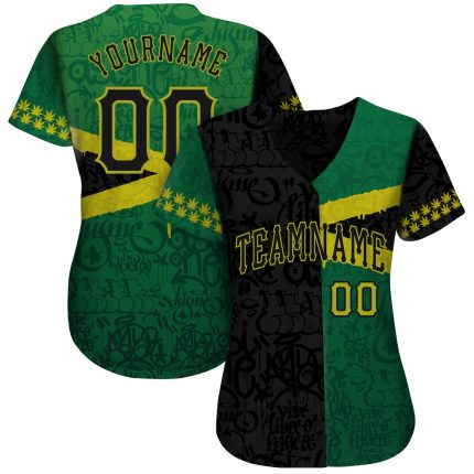 Custom black and green graffiti baseball jersey, back view