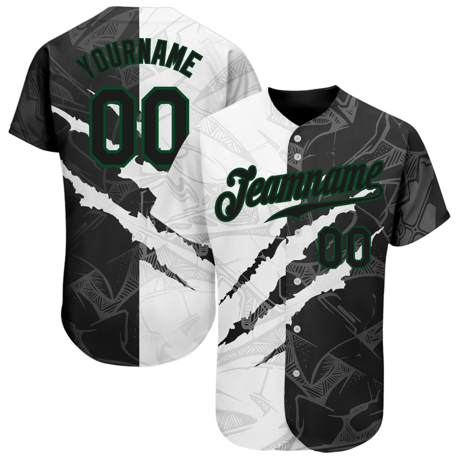 Personalized 3D Scratch Black-Kelly Green Graffiti Baseball Jersey with Custom Name and Number Personalized Graffiti Pattern