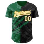 Custom Graffiti Pattern Baseball Jersey in Black, Kelly Green, and Gold - 3D Scratch Authentic Team Jersey with Personalized Name & Number