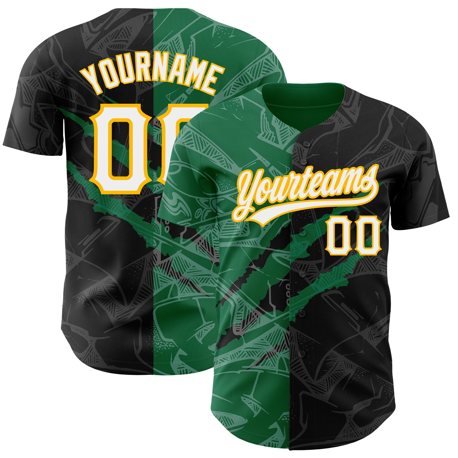Custom Graffiti Pattern Baseball Jersey in Black, Kelly Green, and Gold - 3D Scratch Authentic Team Jersey with Personalized Name & Number