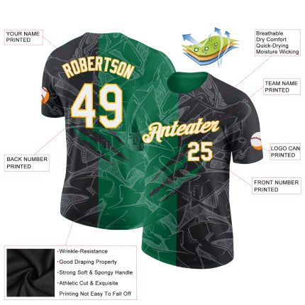 Custom Name and Number Performance T-Shirt with Black Kelly Green-Gold Graffiti Pattern 3D Design Personalized Graffiti Pattern