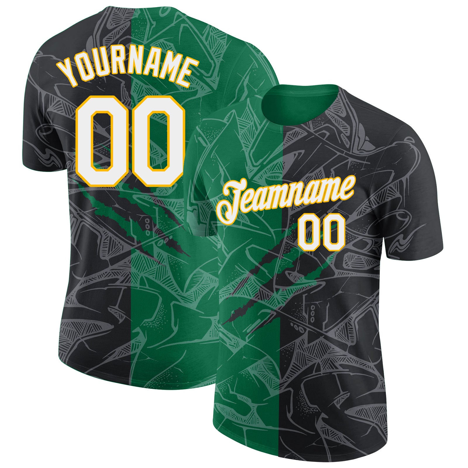 Custom Name and Number Performance T-Shirt with Black Kelly Green-Gold Graffiti Pattern 3D Design Personalized Graffiti Pattern