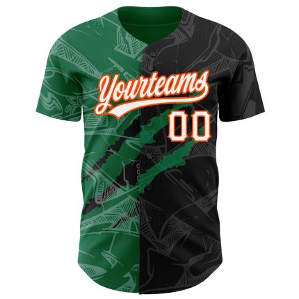 Personalized Black Graffiti Pattern Baseball Jersey with Kelly Green-Orange 3D Scratch Custom Name and Number Personalized