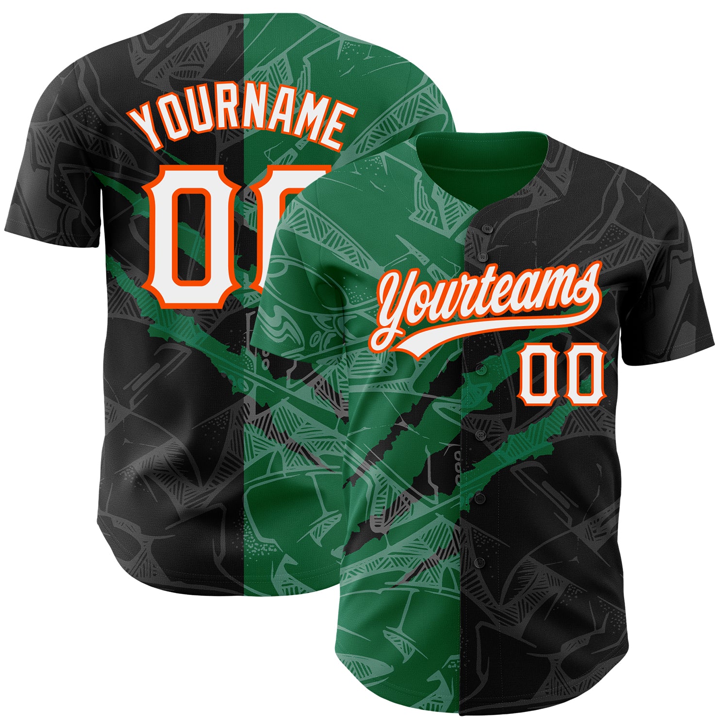 Personalized Black Graffiti Pattern Baseball Jersey with Kelly Green-Orange 3D Scratch Custom Name and Number Personalized