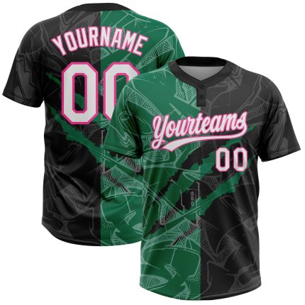 Custom Name Number Black Kelly Green-Pink 3D Graffiti Pattern Softball Jersey Unisex Two-Button Personalized Design Personalized