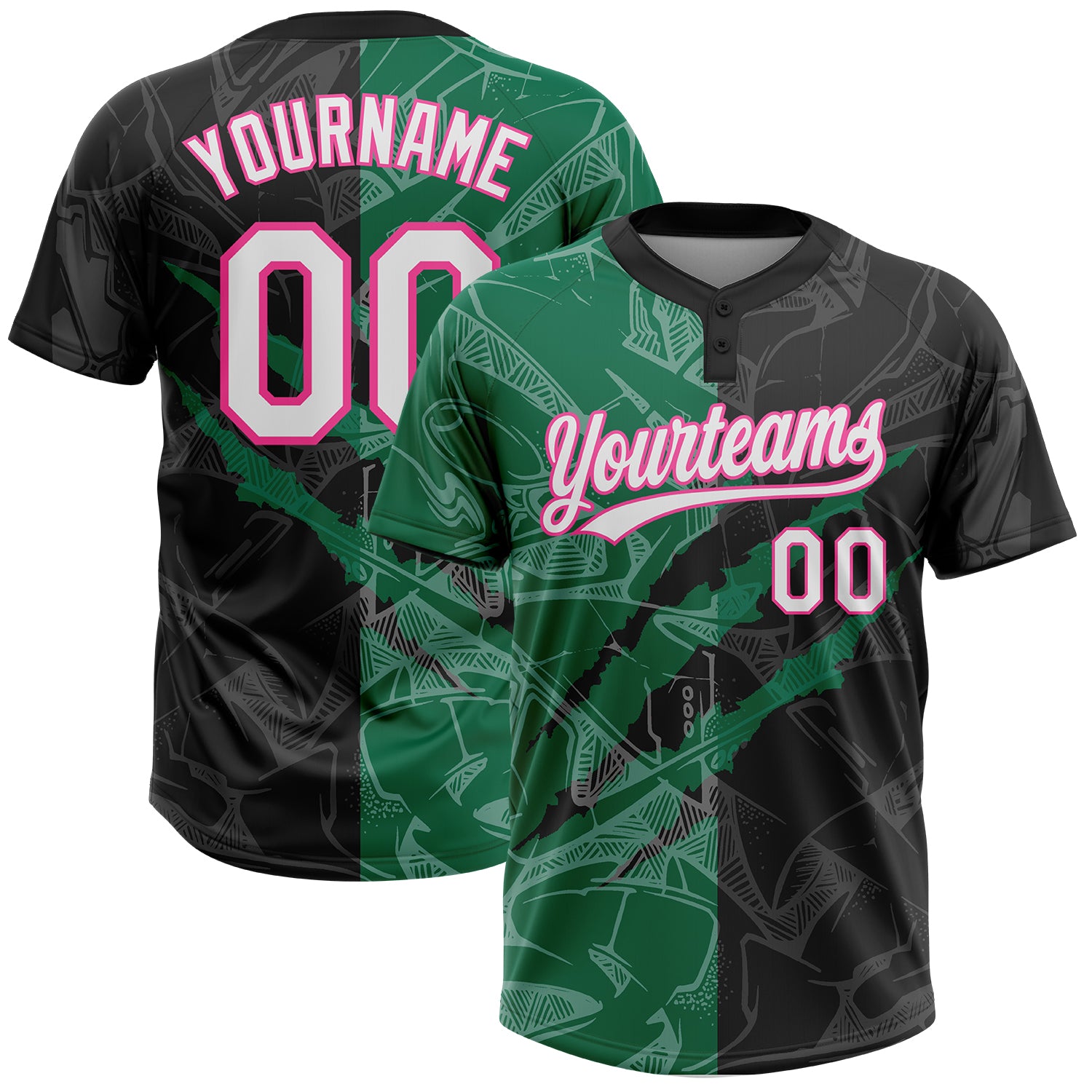 Custom Name Number Black Kelly Green-Pink 3D Graffiti Pattern Softball Jersey Unisex Two-Button Personalized Design Personalized