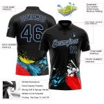 Custom Name & Number Black Light Blue 3D Performance Golf Polo Shirt with Personalized Graffiti Pattern Personalized Graffiti