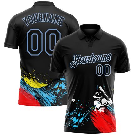Custom Name & Number Black Light Blue 3D Performance Golf Polo Shirt with Personalized Graffiti Pattern Personalized Graffiti