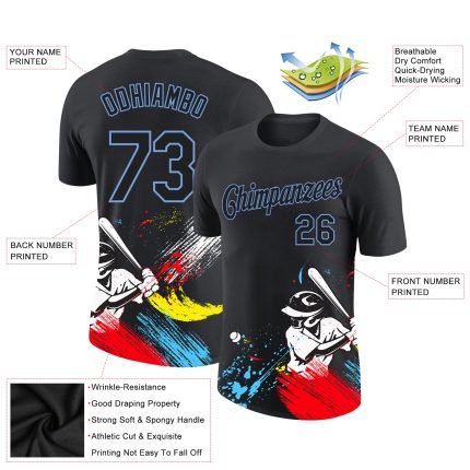 Custom Name & Number 3D Performance T-Shirt - Personalized Black-Light Blue Graffiti Pattern Design Personalized Graffiti