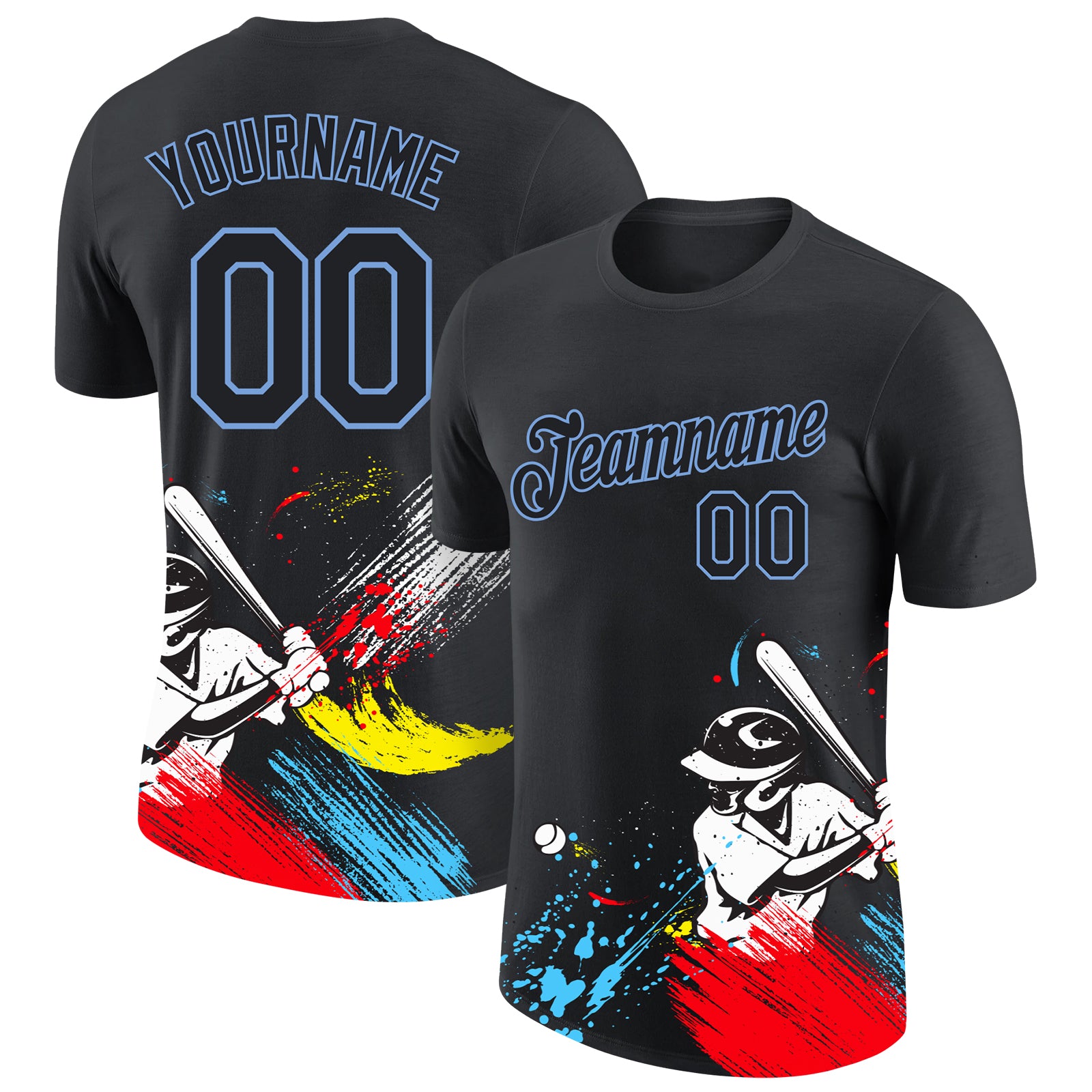 Custom Name & Number 3D Performance T-Shirt - Personalized Black-Light Blue Graffiti Pattern Design Personalized Graffiti