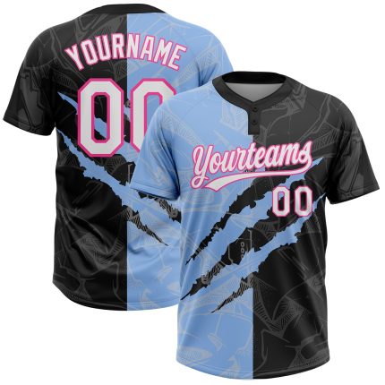Custom Graffiti Pattern Softball Jersey 3D Unisex Black Light Blue-Pink with Name and Number - Personalized Team Apparel