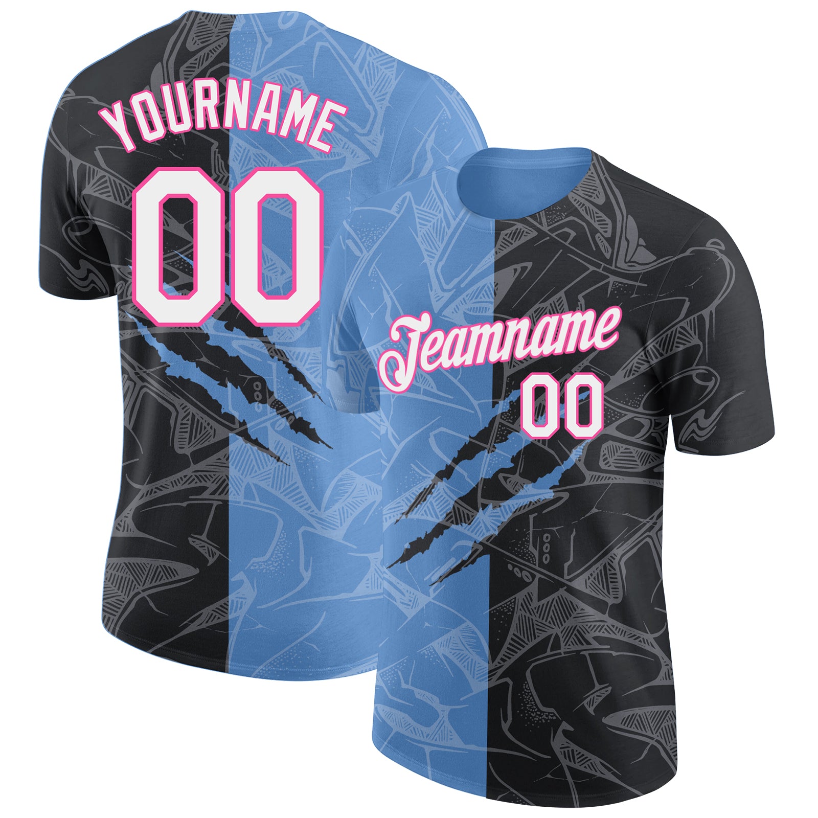 Custom Personalized 3D Performance T-Shirt with Graffiti Pattern in Black Light Blue-Pink - Team Name & Number Personalized