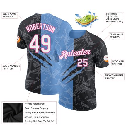 Custom Personalized 3D Performance T-Shirt with Graffiti Pattern in Black Light Blue-Pink - Team Name & Number Personalized
