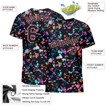 Custom Personalized Graffiti 3D T-Shirt with Team Name and Number, Black-Medium Pink Expressive Splatter Design Personalized