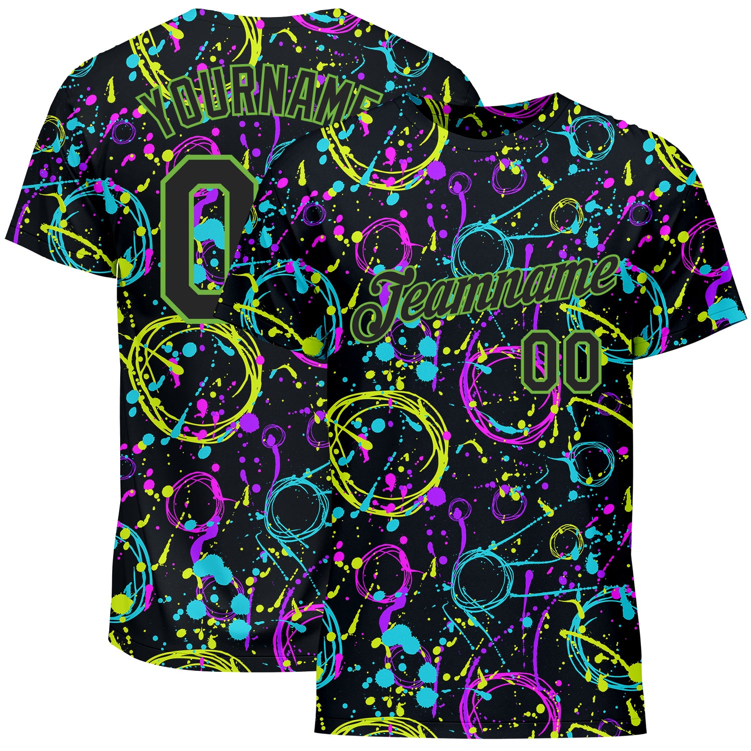Custom Graffiti Performance T-Shirt with Black-Neon Green 3D Splatter, Personalized Team Name and Number Personalized Graffiti