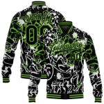 Custom Name Number Graffiti Black Neon Green 3D Abstract Grunge Varsity Letterman Bomber Jacket Personalized Graffiti Pattern