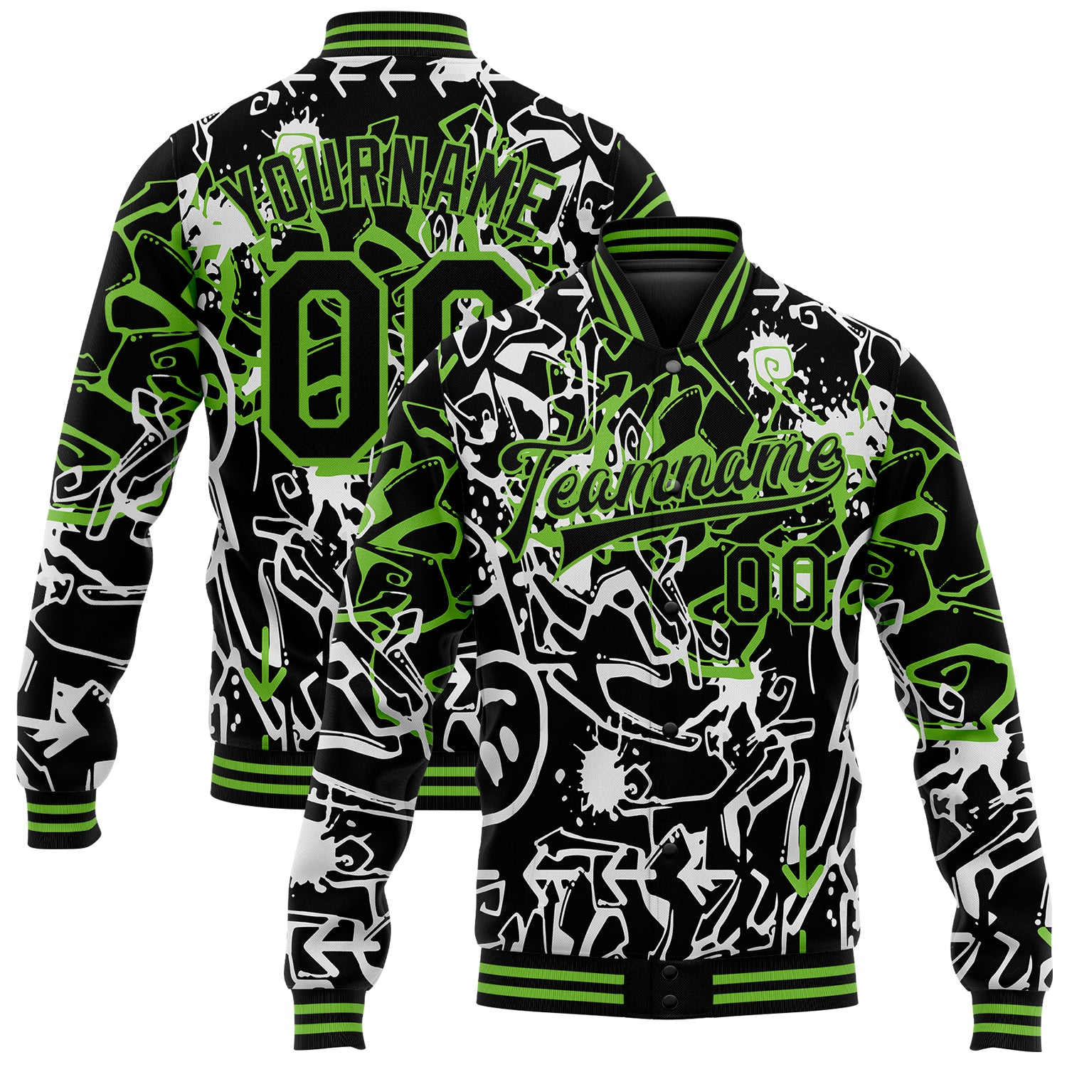 Custom Name Number Graffiti Black Neon Green 3D Abstract Grunge Varsity Letterman Bomber Jacket Personalized Graffiti Pattern