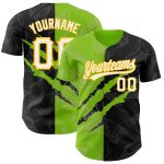 Custom Black Neon Green 3D Scratch Baseball Jersey with Graffiti Pattern, Personalized Team Name and Number Personalized