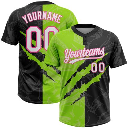 Custom Name & Number Graffiti Pattern Black Neon Green-Pink Unisex 3D Softball Jersey - Personalized Team Apparel Personalized