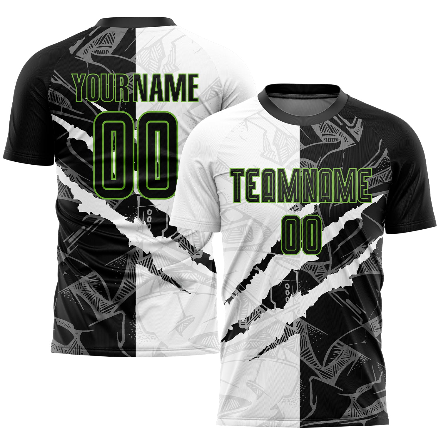 Personalized Black-Neon Green Graffiti Soccer Jersey with Custom Name and Number - Sublimation Uniform for Team Personalized