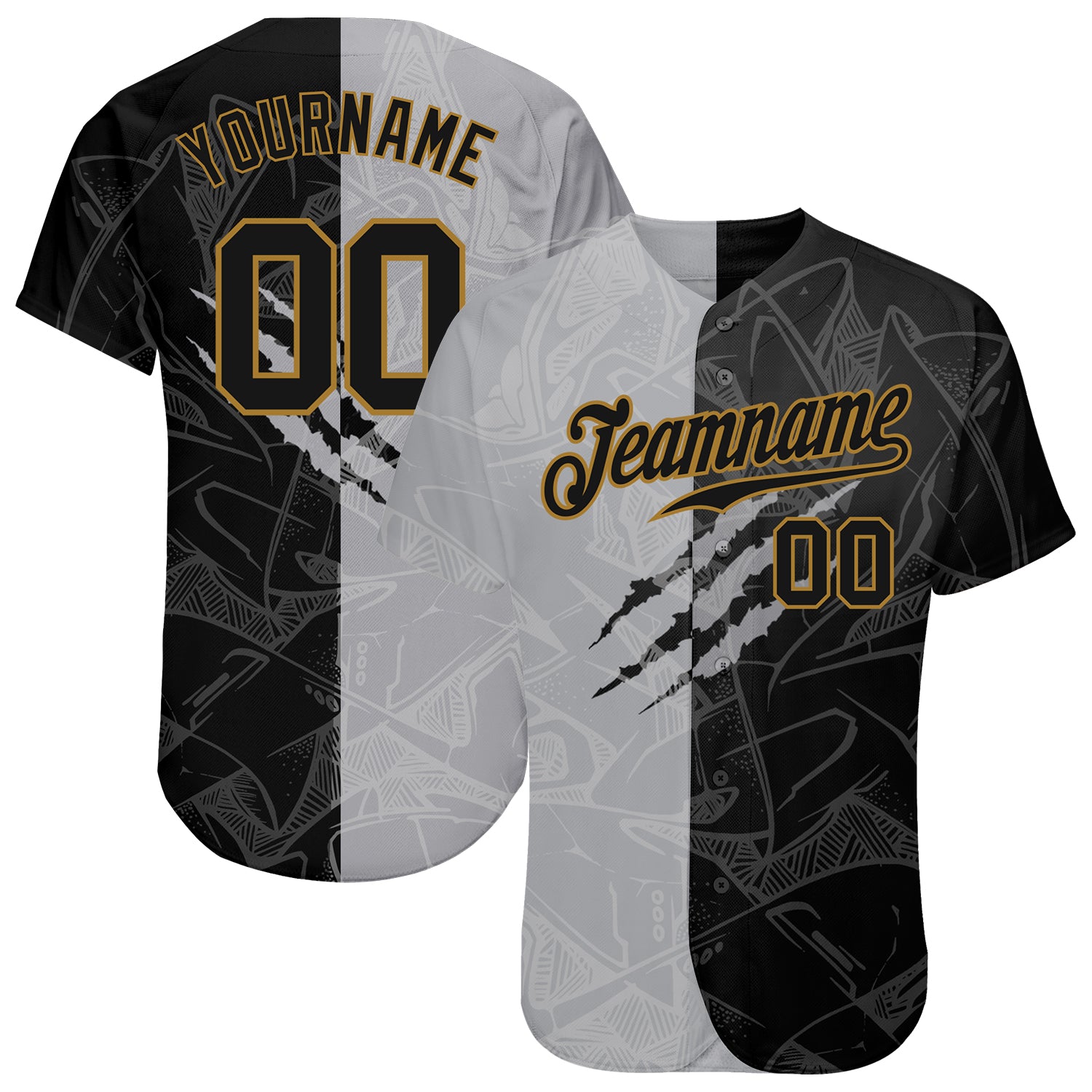 Personalized Black and Old Gold Graffiti Pattern 3D Baseball Jersey Personalized Graffiti Pattern Black-Old Gold 3D Authentic