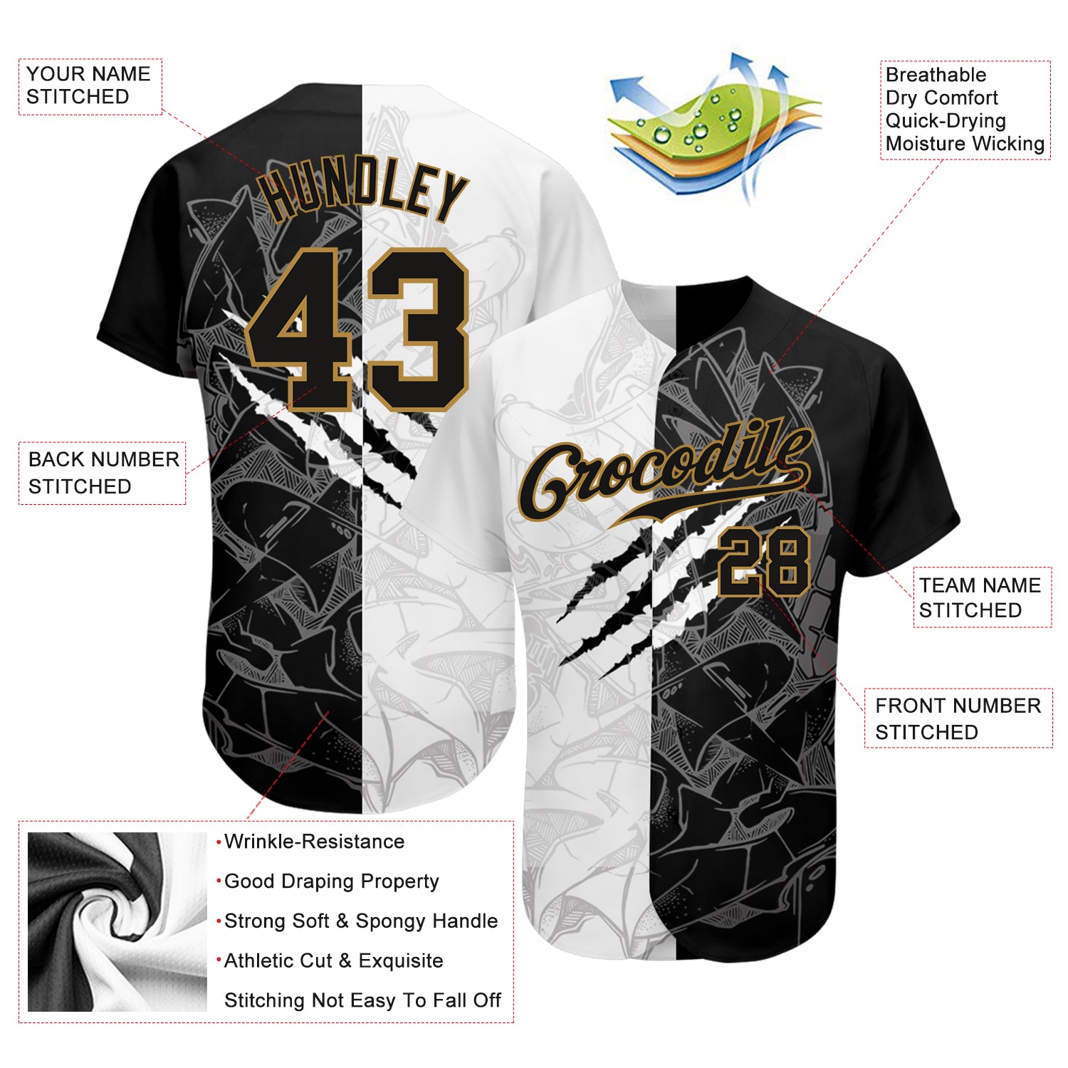 Personalized Graffiti Pattern Black-Old Gold 3D Authentic Baseball Jersey Team Custom Name and Number Custom Name Number Baseball Jersey Personalized Black Gold Graffiti Pattern 3D Design Authentic Team Apparel Personalized - Image 3