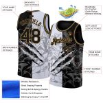 Customizable 3D Scratch Basketball Jersey with Graffiti Pattern - Black and Old Gold, Authentic Team Name and Number Personalized