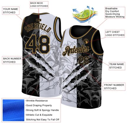 Customizable 3D Scratch Basketball Jersey with Graffiti Pattern - Black and Old Gold, Authentic Team Name and Number Personalized