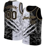 Customizable 3D Scratch Basketball Jersey with Graffiti Pattern - Black and Old Gold, Authentic Team Name and Number Personalized