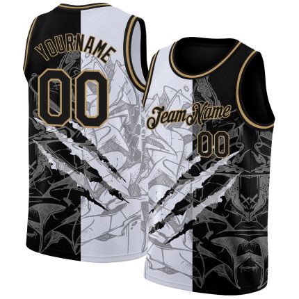 Customizable 3D Scratch Basketball Jersey with Graffiti Pattern - Black and Old Gold, Authentic Team Name and Number Personalized