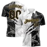 Custom Name and Number Personalized Black and Old Gold Graffiti 3D Scratch Performance Golf Polo Shirt Personalized Graffiti