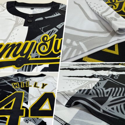 Custom Name and Number Softball Jersey Unisex 3D Graffiti Pattern Black Old Gold Two-Button Personalized Graffiti Pattern