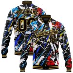 Custom Graffiti Pattern Varsity Letterman Jacket - Black and Old Gold 3D Grunge Bomber Style Personalized Graffiti Pattern