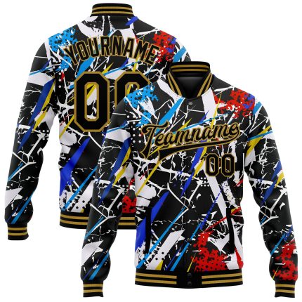 Custom Graffiti Pattern Varsity Letterman Jacket - Black and Old Gold 3D Grunge Bomber Style Personalized Graffiti Pattern