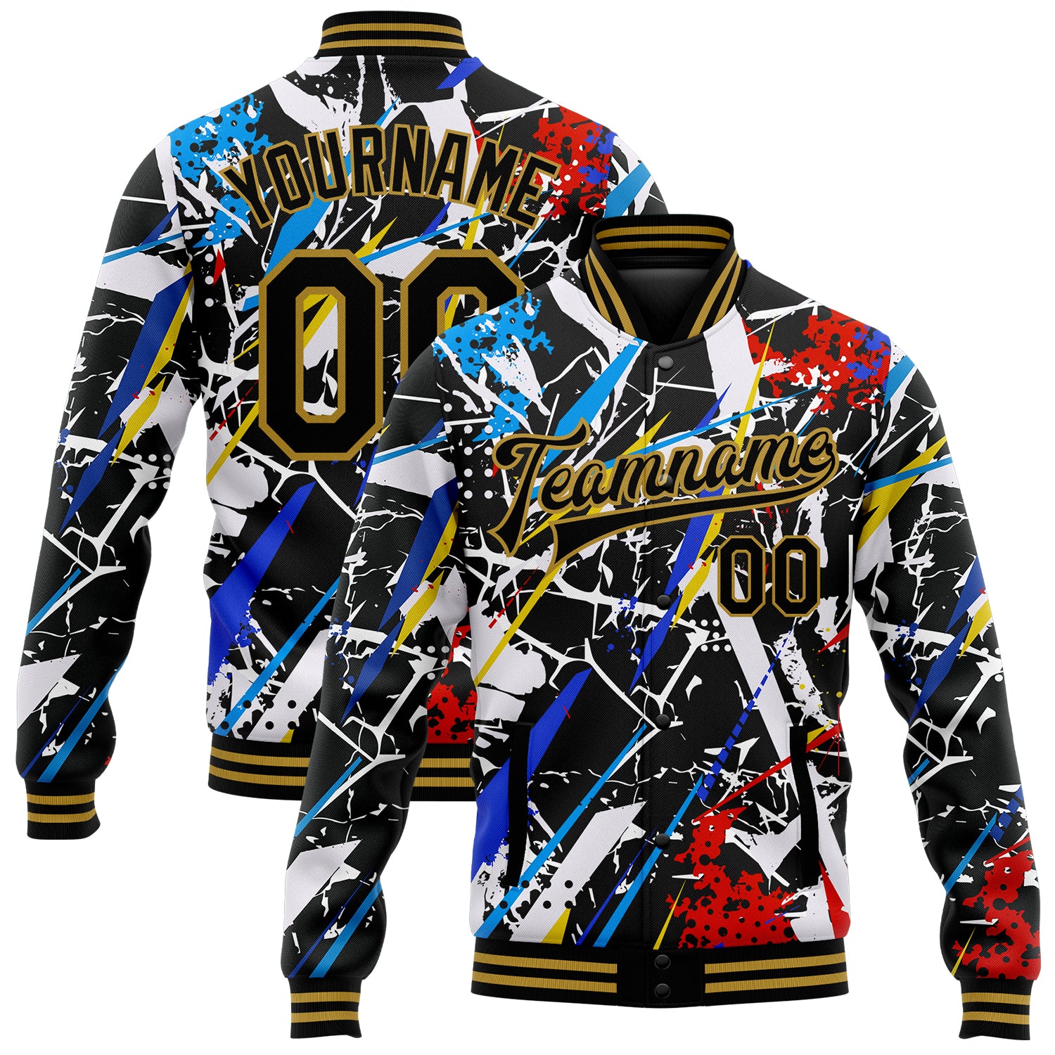 Custom Graffiti Pattern Varsity Letterman Jacket - Black and Old Gold 3D Grunge Bomber Style Personalized Graffiti Pattern