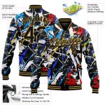 Custom Graffiti Pattern Varsity Letterman Jacket - Black and Old Gold 3D Grunge Bomber Style Personalized Graffiti Pattern