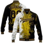 Custom Graffiti Pattern Varsity Jacket with Name & Number - Black & Gold 3D Bomber Full-Snap Letterman Style Personalized