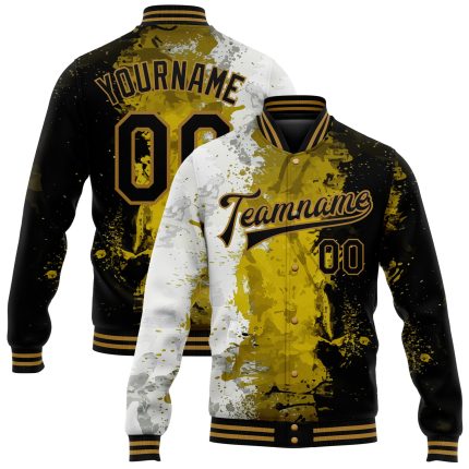 Custom Graffiti Pattern Varsity Jacket with Name & Number - Black & Gold 3D Bomber Full-Snap Letterman Style Personalized