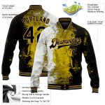 Custom Graffiti Pattern Varsity Jacket with Name & Number - Black & Gold 3D Bomber Full-Snap Letterman Style Personalized