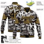 Custom Name & Number Black Gold Graffiti Pattern 3D Bomber Varsity Letterman Jacket Urban Street Style Apparel Personalized