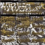 Custom Name & Number Black Gold Graffiti Pattern 3D Bomber Varsity Letterman Jacket Urban Street Style Apparel Personalized
