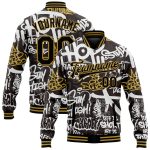 Custom Name & Number Black Gold Graffiti Pattern 3D Bomber Varsity Letterman Jacket Urban Street Style Apparel Personalized
